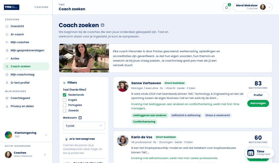 Ricerca di un coach nell'app, con punteggio di affinità